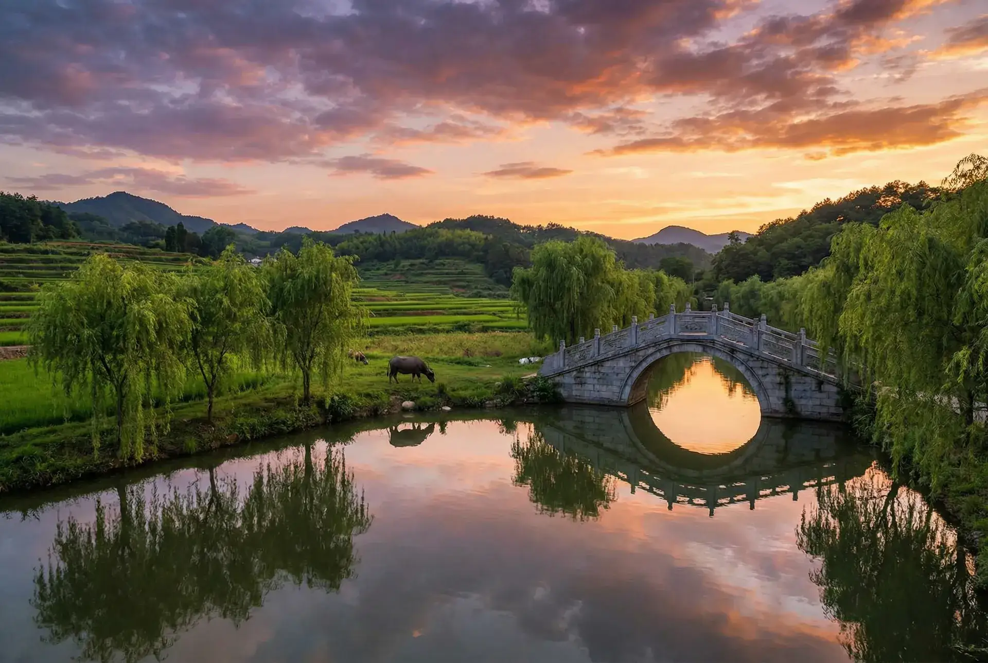 夕阳下的石拱桥与垂柳，水牛在河边吃草 - 终极保镖2 乡村美景